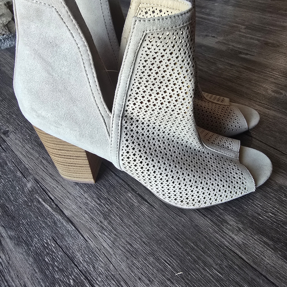Women’s Peep-Toe Perforated Suede Booties - Tan